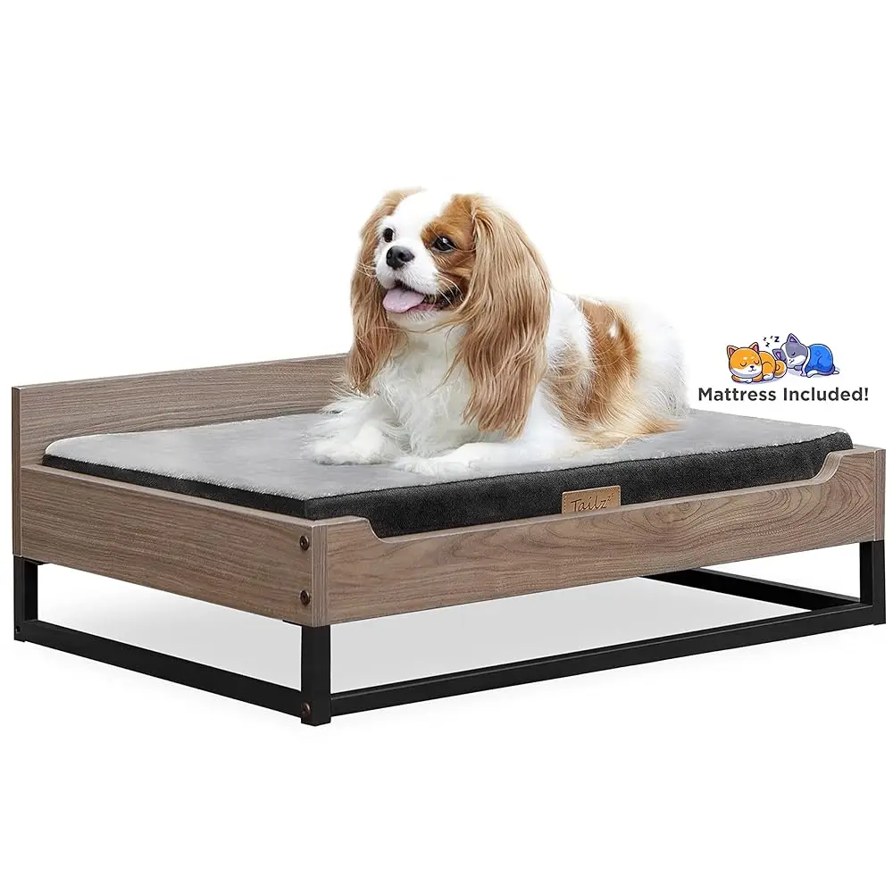 Milo Wooden Dog Bed, Plush Mattr Comforts The Pets With Bone Diseases, Water Resistant, Greenguard Gold Certified, Mattress,