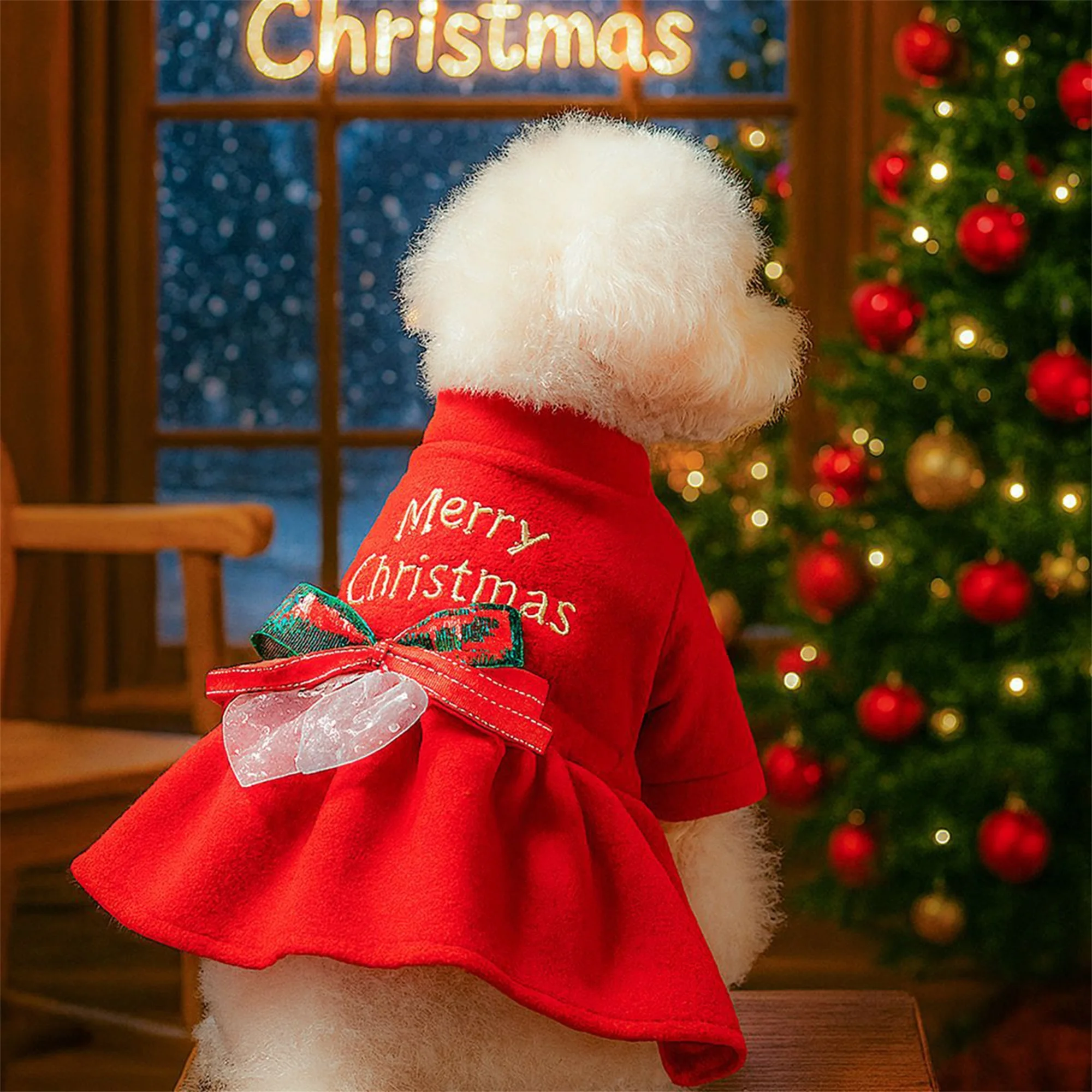 Christmas Dog Costume with Santa Hat and Jingle Bells Festive Pet Outfit for Small Dogs and Cats Holiday Dress - Image 2